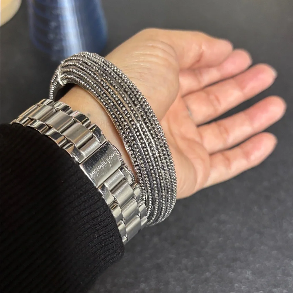 Silver Tone Citrine Garnet CZ Hinged Cuff Chunky Elegant Bracelet